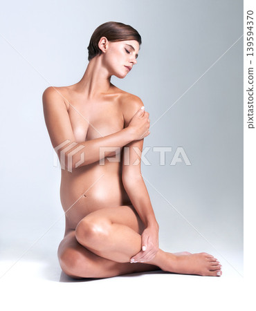 Woman, pregnancy and face or naked in studio with thinking, dreaming or healthy body with stomach. Pregnant, person and thoughtful with mock up space for ideas and maternity on white background 139594370
