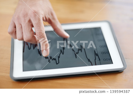 Business hands, tablet screen and data analytics, statistics or graphs for financial report, increase in revenue or profit. Trader or person with online investment, digital stock market and trading 139594387