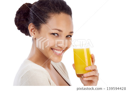 Smile, portrait or woman with orange juice in studio for wellness, nutrition or detox on white background. Face, happy or female nutritionist with glass of vitamin C, supplement or health fruit drink 139594428