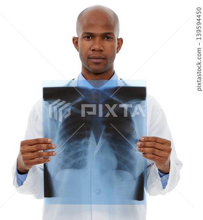 Portrait, man and doctor with x ray, healthcare and employee isolated on white studio background. Face, support and African person with scans, test results or disease with radiologist or mockup space 139594450