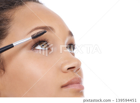 Woman, mascara and makeup application in studio, cosmetics and beauty tools or equipment. Female model person, brush tool and wellness by white background, skincare and luxury aesthetic for eyelash 139594451