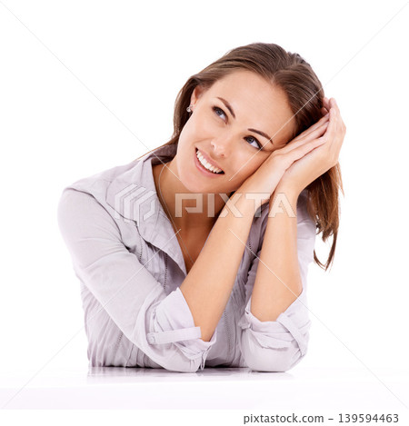 Woman, face and thinking or happy in studio with ideas, contemplating and dreaming with positive mindset. Person, mock up space and thoughtful with relax, smile and wondering on white background 139594463