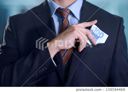 Business, person and cash in pocket, bribe or fraud with corporate investment, finance or extortion. Money laundering, professional corruption and financial crime with theft or stealing at company Business, person and cash in pocket, bribe or fraud with corporate investment, finance or extortion. Money laundering, professional corruption and financial crime with theft or stealing at company 139594469