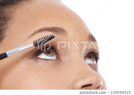 Woman, mascara and makeup application or cosmetics, studio and beauty tools or equipment. Female model person, eyelash extension and wellness by white background, skincare and luxury aesthetic Woman, mascara and makeup application or cosmetics, studio and beauty tools or equipment. Female model person, eyelash extension and wellness by white background, skincare and luxury aesthetic 139594525