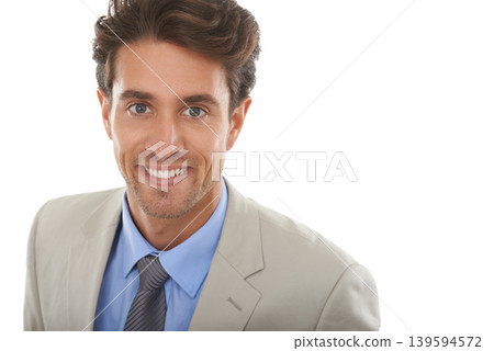 Happy businessman, portrait and face on mockup in fashion or style on a white studio background. Young, handsome or attractive man or employee smile for career ambition, business or positive mindset Happy businessman, portrait and face on mockup in fashion or style on a white studio background. Young, handsome or attractive man or employee smile for career ambition, business or positive mindset 139594572