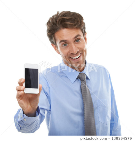 Portrait, happy business man or phone screen in studio for advertising deal, offer or sign up to newsletter on white background. Excited worker, mobile or mockup space for announcement, launch or ads Portrait, happy business man or phone screen in studio for advertising deal, offer or sign up to newsletter on white background. Excited worker, mobile or mockup space for announcement, launch or ads 139594579