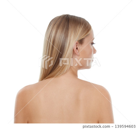 Back woman and cosmetics in studio for hair care with keratin treatment, shampoo shine and mock up. Model, person and soft hairstyle, texture and cosmetology with skincare on white background Back woman and cosmetics in studio for hair care with keratin treatment, shampoo shine and mock up. Model, person and soft hairstyle, texture and cosmetology with skincare on white background 139594603