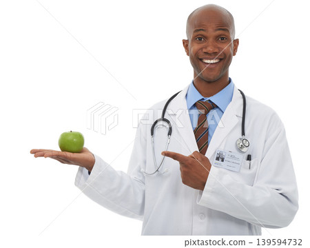 Portrait, black man and doctor point at apple presentation for weight loss diet, nutrition or antioxidants benefits. Studio food, palm and African dietician with fresh fruits on white background 139594732