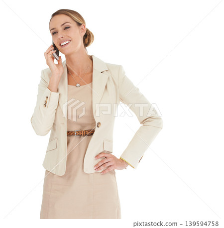 Smile, business or woman in studio on a phone call talking, networking or speaking of news. White background, communication or happy entrepreneur in conversation, discussion or negotiation offer Smile, business or woman in studio on a phone call talking, networking or speaking of news. White background, communication or happy entrepreneur in conversation, discussion or negotiation offer 139594758