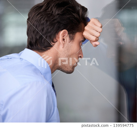 Depression, business man and head on glass wall for financial crisis, reflection or anxiety for fail. Stress, frustrated and a tired professional in bankruptcy, debt and worry for office mistake Depression, business man and head on glass wall for financial crisis, reflection or anxiety for fail. Stress, frustrated and a tired professional in bankruptcy, debt and worry for office mistake 139594775