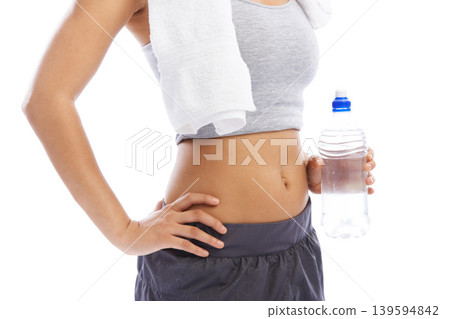 Woman, hands and water bottle with towel for fitness, hydration against a white studio background. Closeup of female person or athlete with natural mineral drink for health and wellness on mockup Woman, hands and water bottle with towel for fitness, hydration against a white studio background. Closeup of female person or athlete with natural mineral drink for health and wellness on mockup 139594842