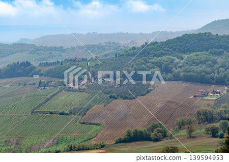 Beautiful landscape view of rolling hills and vineyards in Tuscany Beautiful landscape view of rolling hills and vineyards in Tuscany 139594953