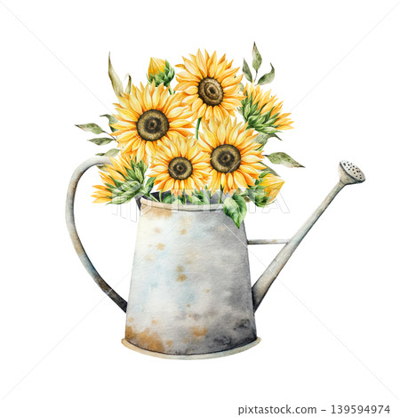Watercolor bouquet of bright yellow sunflowers in metallic watering can. Botanical hand drawn flowers in pitcher, illustration isolated on background. Ideal for seasonal, halloween, forest, or nature Watercolor bouquet of bright yellow sunflowers in metallic watering can. Botanical hand drawn flowers in pitcher, illustration isolated on background. Ideal for seasonal, halloween, forest, or nature 139594974