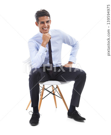 Business man, chair and relaxing in portrait, smile and studio or career pride by white background. Male professional, face and happy for job opportunity, entrepreneur and confident for startup 139594975