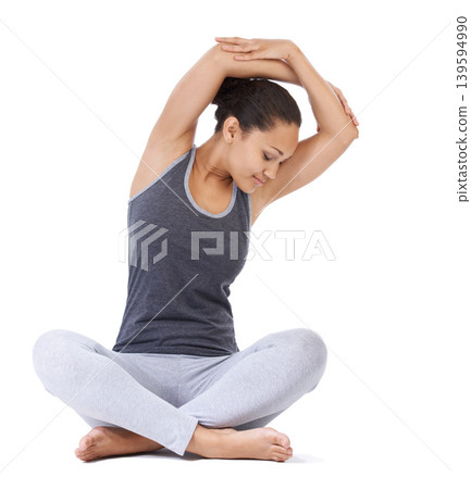Woman, yoga and sitting in stretching exercise for health and wellness or workout against a white studio background. Calm female person or yogi in relax, body warm up or stretch for pilates on mockup Woman, yoga and sitting in stretching exercise for health and wellness or workout against a white studio background. Calm female person or yogi in relax, body warm up or stretch for pilates on mockup 139594990