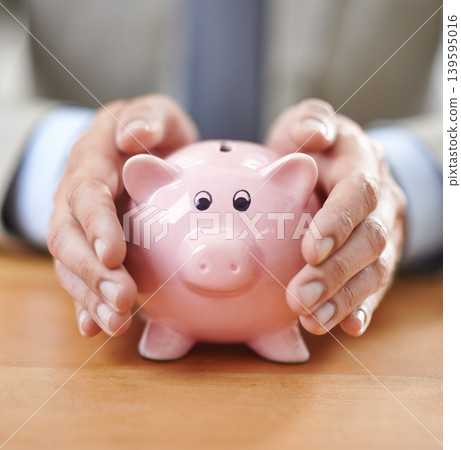 Business hands, piggy bank and savings for financial investment, budget management or income growth. Professional person with security safe, banking and container for profit, increase and finance Business hands, piggy bank and savings for financial investment, budget management or income growth. Professional person with security safe, banking and container for profit, increase and finance 139595016