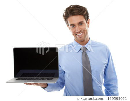 Portrait, business man and mockup on laptop screen in studio for deal, offer and newsletter coming soon on white background. Happy worker, computer and UI space for sign up, review and advertising UX Portrait, business man and mockup on laptop screen in studio for deal, offer and newsletter coming soon on white background. Happy worker, computer and UI space for sign up, review and advertising UX 139595051