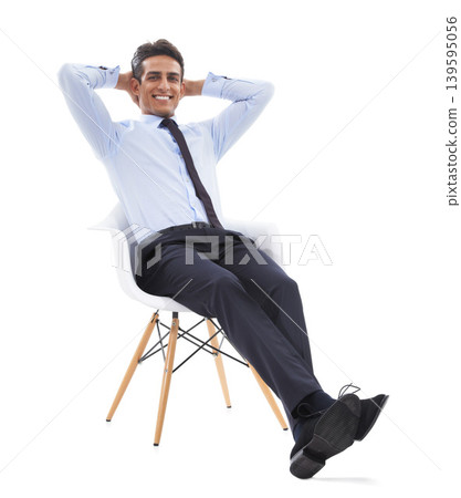Business man, chair and relaxing in portrait, studio and smiling for career pride by white background. Male professional, face and happy for job opportunity, entrepreneur and confident for startup 139595056