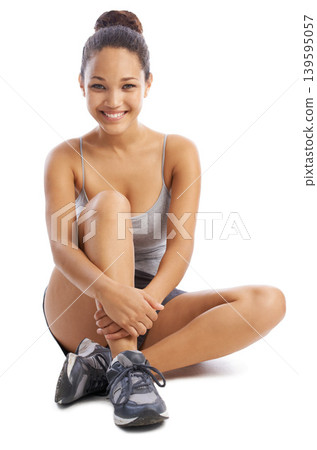 Happy woman, portrait and relax in fitness for workout, fashion or gym clothing against a white studio background. Face of female person or athlete smile on break, health and wellness on mockup space Happy woman, portrait and relax in fitness for workout, fashion or gym clothing against a white studio background. Face of female person or athlete smile on break, health and wellness on mockup space 139595057