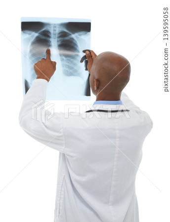 Doctor, xray scan and person review MRI results for lung evaluation, clinic test or medical exam. Studio, health support and back of radiologist problem solving anatomy assessment on white background Doctor, xray scan and person review MRI results for lung evaluation, clinic test or medical exam. Studio, health support and back of radiologist problem solving anatomy assessment on white background 139595058