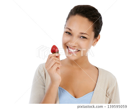 Portrait, woman and strawberry fruits in studio for healthy detox, vegan diet and eco nutrition on white background. Happy model eating red berries for sustainable benefits, vitamin c and sweet food Portrait, woman and strawberry fruits in studio for healthy detox, vegan diet and eco nutrition on white background. Happy model eating red berries for sustainable benefits, vitamin c and sweet food 139595059