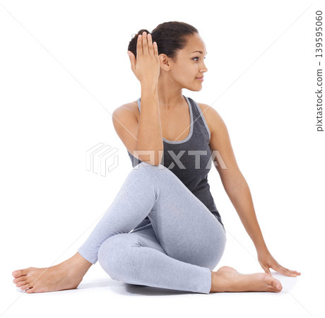 Yoga, stretching and woman on a white background for fitness, workout and zen exercise with holistic wellness or muscle health. Flexible and young person with half lord of the fishes pose in studio Yoga, stretching and woman on a white background for fitness, workout and zen exercise with holistic wellness or muscle health. Flexible and young person with half lord of the fishes pose in studio 139595060