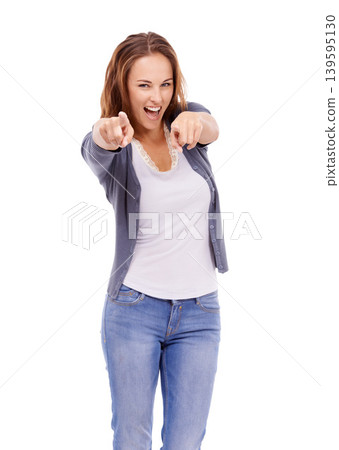 Woman in studio, pointing at you and excited in portrait with choice, vote or offer on white background. Feedback, winner and decision with young model and hand gesture, accountability and promotion 139595130