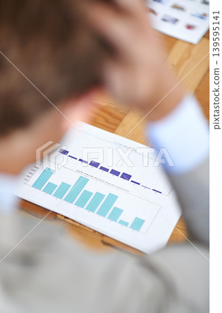 Business person, stress with documents and data analysis, graphs or charts for financial debt or mistake. Accountant, auditor or trader confused for statistics, sales or stock market crash or fail Business person, stress with documents and data analysis, graphs or charts for financial debt or mistake. Accountant, auditor or trader confused for statistics, sales or stock market crash or fail 139595141