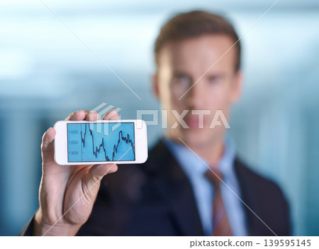Business man, phone screen and graphs, data analytics or stats for financial report, revenue or stock market. Hand of corporate accountant or trader with mobile app for trading, pattern and sales 139595145