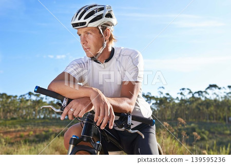 Man, cyclist and mountain bike for relaxing, exercise and energy for rider, cycling and sport. Outdoor, hobby and fitness in nature, trail and active for wellness, helmet and physical workout Man, cyclist and mountain bike for relaxing, exercise and energy for rider, cycling and sport. Outdoor, hobby and fitness in nature, trail and active for wellness, helmet and physical workout 139595236