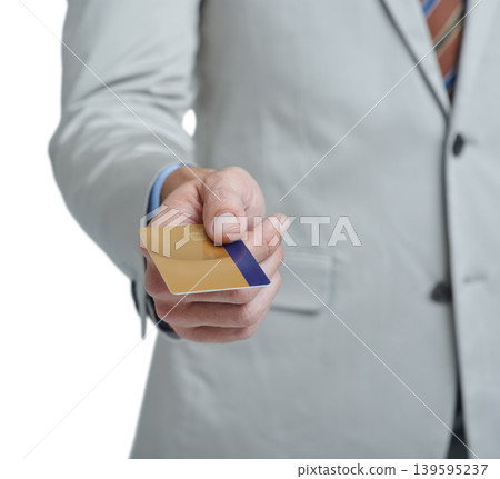 Business hands, credit card and offer in studio payment, finance and professional investment, shopping or commerce. Corporate worker or person with banking, financial and wealth on a white background 139595237