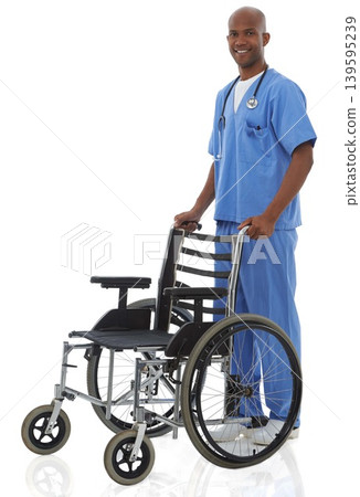 Portrait, smile and doctor with a wheelchair, man and employee isolated on white studio background. African person, worker and physician with medical equipment, healthcare and happy with professional Portrait, smile and doctor with a wheelchair, man and employee isolated on white studio background. African person, worker and physician with medical equipment, healthcare and happy with professional 139595239