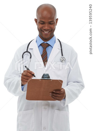 Black man, doctor and writing on clipboard in studio for administration, healthcare information or policy on white background. Happy medical worker, paperwork and planning insurance report for script 139595240