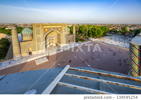 A panoramic view of Registan Square in Samarkand, Uzbekistan, from the minaret. A panoramic view of Registan Square in Samarkand, Uzbekistan, from the minaret. 139595254