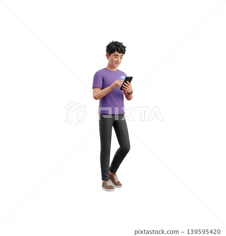 3D young man in purple t-shirt using smartphone and browsing social media isolated 3D young man in purple t-shirt using smartphone and browsing social media isolated 139595420