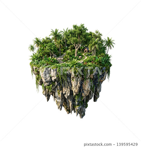Floating tropical island with lush green jungle and palm trees isolated Floating tropical island with lush green jungle and palm trees isolated 139595429