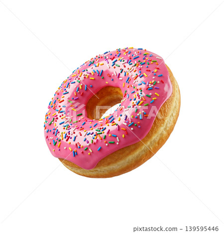 Delicious glazed donut with pink strawberry frosting and colorful sprinkles isolated 139595446
