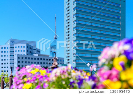 View to the west from near Yokatopia Bridge in Momochihama, Sawara Ward, Fukuoka City: Blue sky, beautiful flowers, and Fukuoka Tower. View to the west from near Yokatopia Bridge in Momochihama, Sawara Ward, Fukuoka City: Blue sky, beautiful flowers, and Fukuoka Tower. 139595470