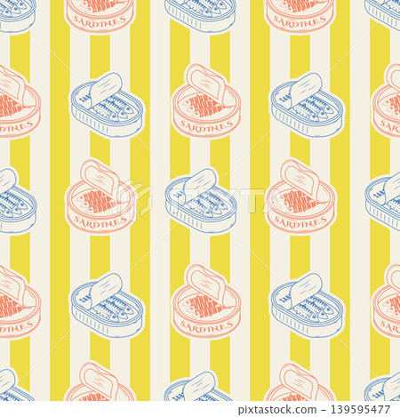 Seamless pattern with open sardine tin cans on yellow and cream vertical stripes background Seamless pattern with open sardine tin cans on yellow and cream vertical stripes background 139595477