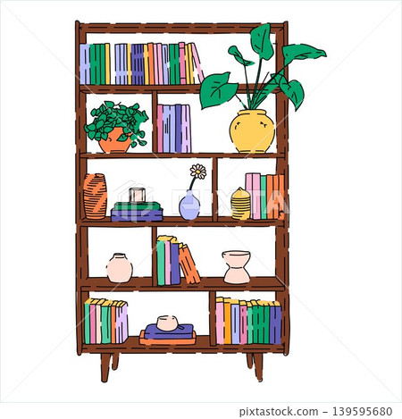 Hand Drawn Bookshelf with Plants and Books 139595680