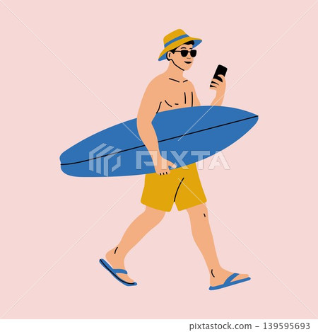 Summer Man Walking with Pool Float Illustration Summer Man Walking with Pool Float Illustration 139595693