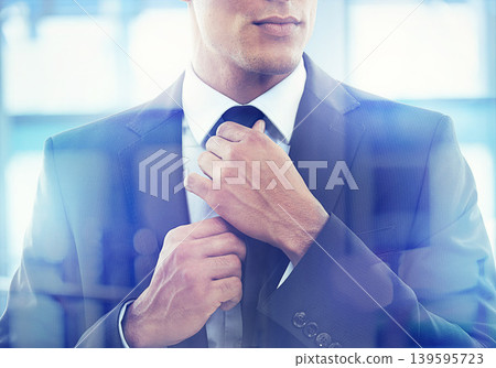 Hands, business man and professional tie in office, lawyer and ready for office interview. Male person, closeup and professional clothing or formal fashion, attorney and fixing accessory for job 139595723