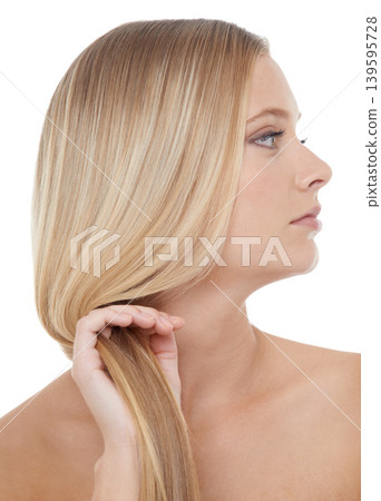 Woman, hair care and beauty with cosmetic in studio for natural glow, keratin treatment or shampoo shine. Model, person and confidence with skincare, collagen texture or hairstyle on white background Woman, hair care and beauty with cosmetic in studio for natural glow, keratin treatment or shampoo shine. Model, person and confidence with skincare, collagen texture or hairstyle on white background 139595728