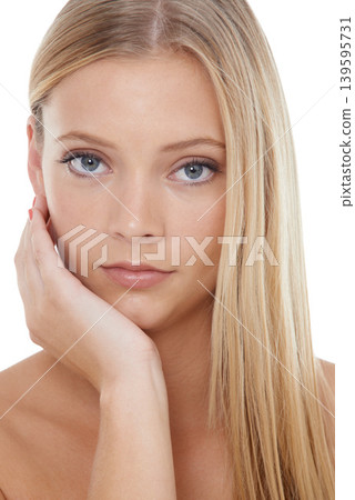 Woman, portrait and beauty with cosmetics in studio for hair care, treatment and shampoo shine. Model, person and confidence with skincare, collagen texture and hairstyle on white background Woman, portrait and beauty with cosmetics in studio for hair care, treatment and shampoo shine. Model, person and confidence with skincare, collagen texture and hairstyle on white background 139595731