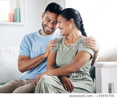 Couple, hug and smile in home with love connection, support and bonding together on weekend break. Happy, married people and embrace in living room with relationship commitment, trust and loyalty. Couple, hug and smile in home with love connection, support and bonding together on weekend break. Happy, married people and embrace in living room with relationship commitment, trust and loyalty. 139595736