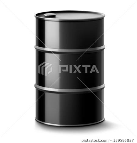 Black metal oil barrel isolated on white background. Realistic 3d vector Illustration. Crude Oil or petroleum Barrel. Design Template of Packaging for Mockup. 139595887