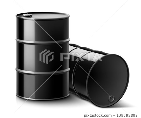 Black metal oil barrel isolated on white background. Realistic 3d vector Illustration. Crude Oil or petroleum Barrel. Design Template of Packaging for Mockup. Black metal oil barrel isolated on white background. Realistic 3d vector Illustration. Crude Oil or petroleum Barrel. Design Template of Packaging for Mockup. 139595892