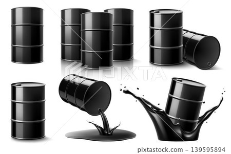 Set of oil barrels isolated on white background. Metal oil barrels in black oil splash. Black liquid oil flowing from steel black barrel. Petroleum Barrel. Realistic 3d vector icon illustration Set of oil barrels isolated on white background. Metal oil barrels in black oil splash. Black liquid oil flowing from steel black barrel. Petroleum Barrel. Realistic 3d vector icon illustration 139595894