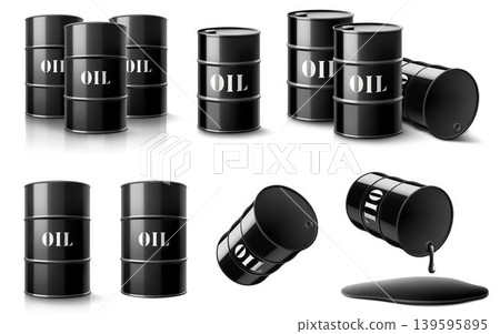 Set of oil barrels isolated on white background. Metal oil barrels in black oil splash. Black liquid oil flowing from steel black barrel. Petroleum Barrel. Realistic 3d vector icon illustration 139595895