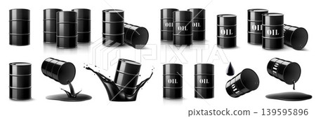 Set of oil barrels isolated on white background. Metal oil barrels in black oil splash. Black liquid oil flowing from steel black barrel. Petroleum Barrel. Realistic 3d vector icon illustration Set of oil barrels isolated on white background. Metal oil barrels in black oil splash. Black liquid oil flowing from steel black barrel. Petroleum Barrel. Realistic 3d vector icon illustration 139595896